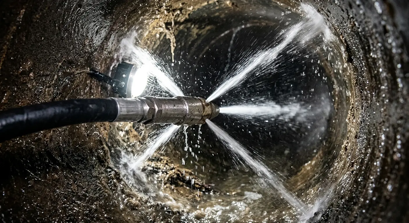 High-pressure hydro jetting nozzle cleaning sewer pipe for Emergency Drain Service in Ozark