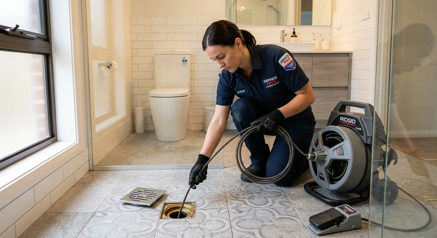 Technician clearing a bathroom floor drain for Hydro Jetting in Ozark